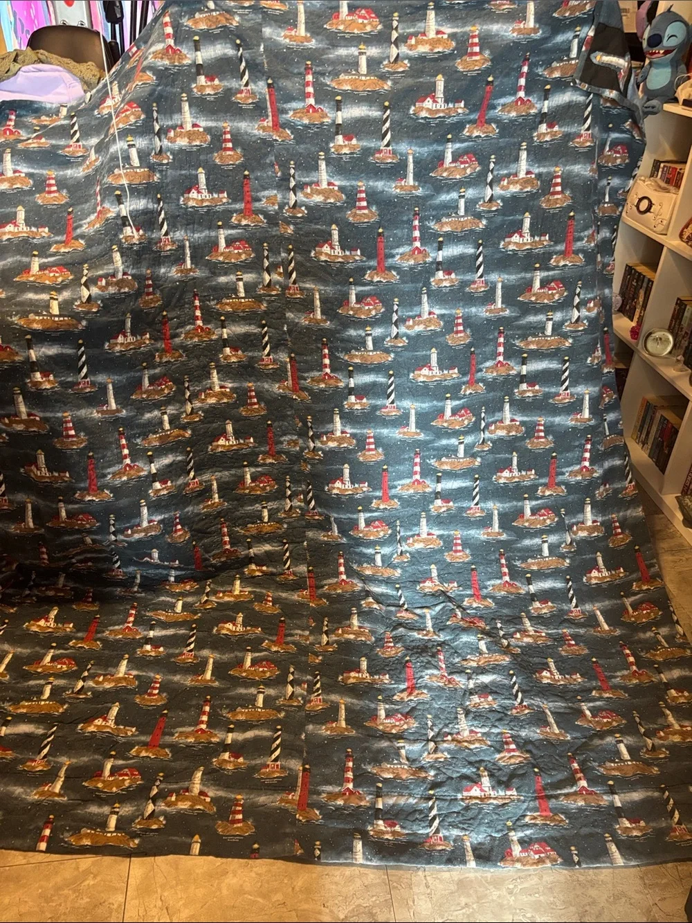 Handmade Lighthouse Quilt Twin XL in Blue and Black
